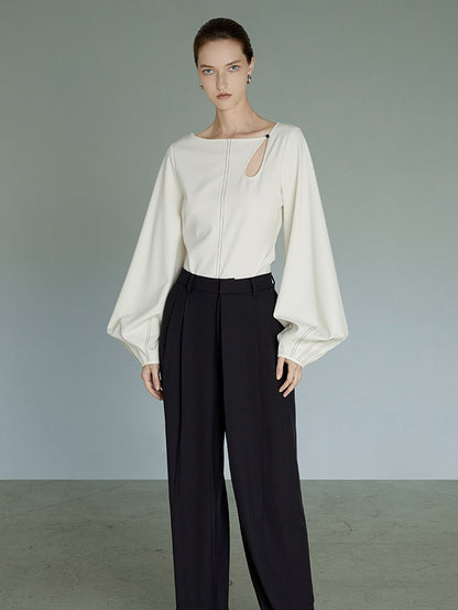 Balloon-Sleeves Boat-Neck Drop-Cut Stitch Blouse