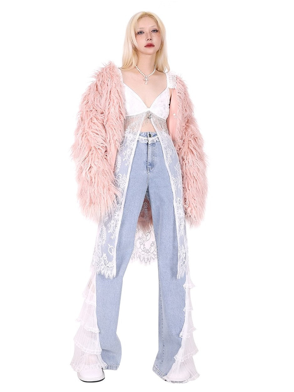 Lace Lapel Fur Coat