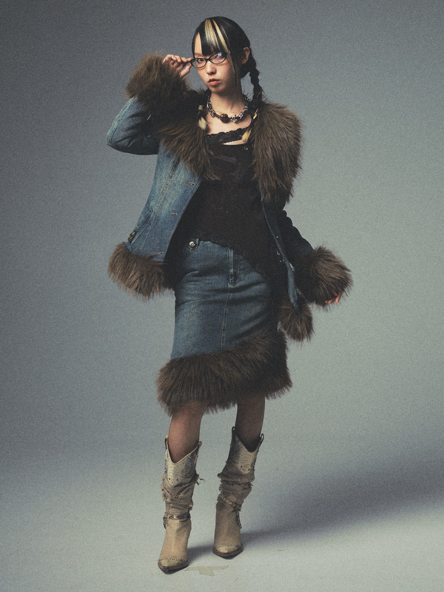 Washed Old QUILTED ASYMMETRIC FUR COLLAR Lapel Denim Jacket &amp; Skirt