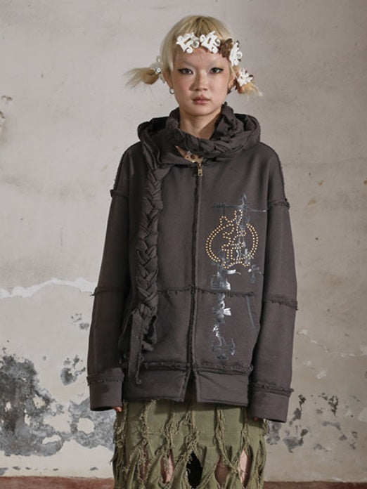 Braided Printed Rivets Loose ZIP-up Parka