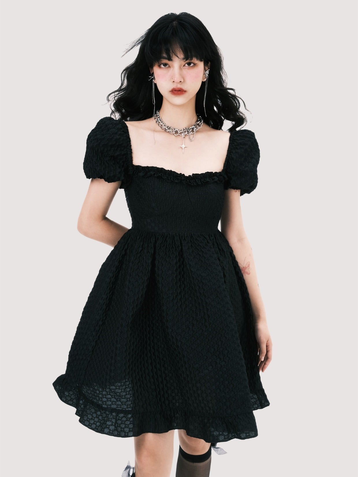 Jacquard Square Neck Puff Sleeve Dress