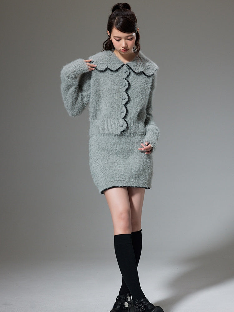 Plush Knitted Cardigan &amp; Skirt