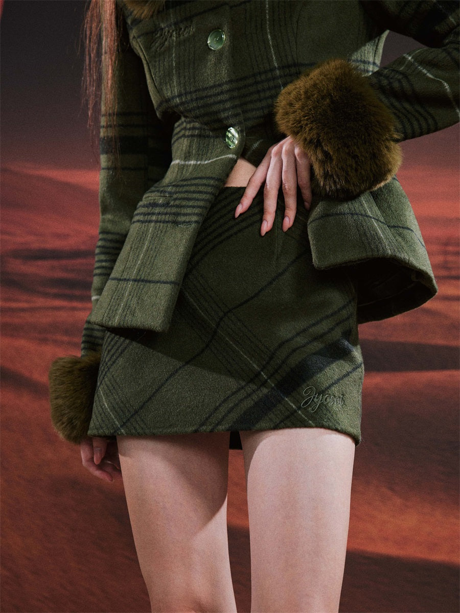 Plaid Woolen Splicing Jacket &amp; A-line Skirt