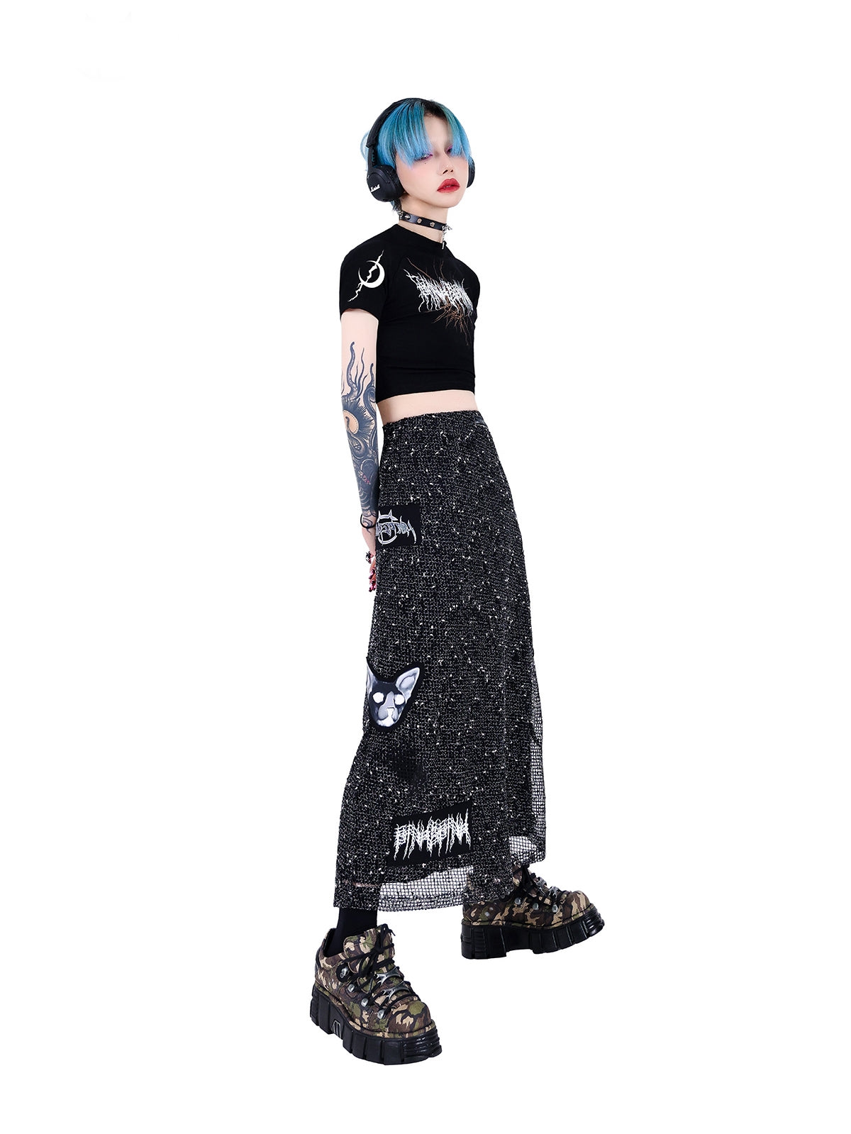 Electric Moon Rock Patch Mesh Double Layer Skirt