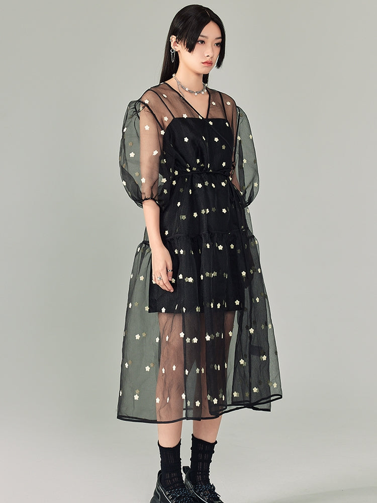 V-Ausschnitt Polka Dot Blumengitterkleid