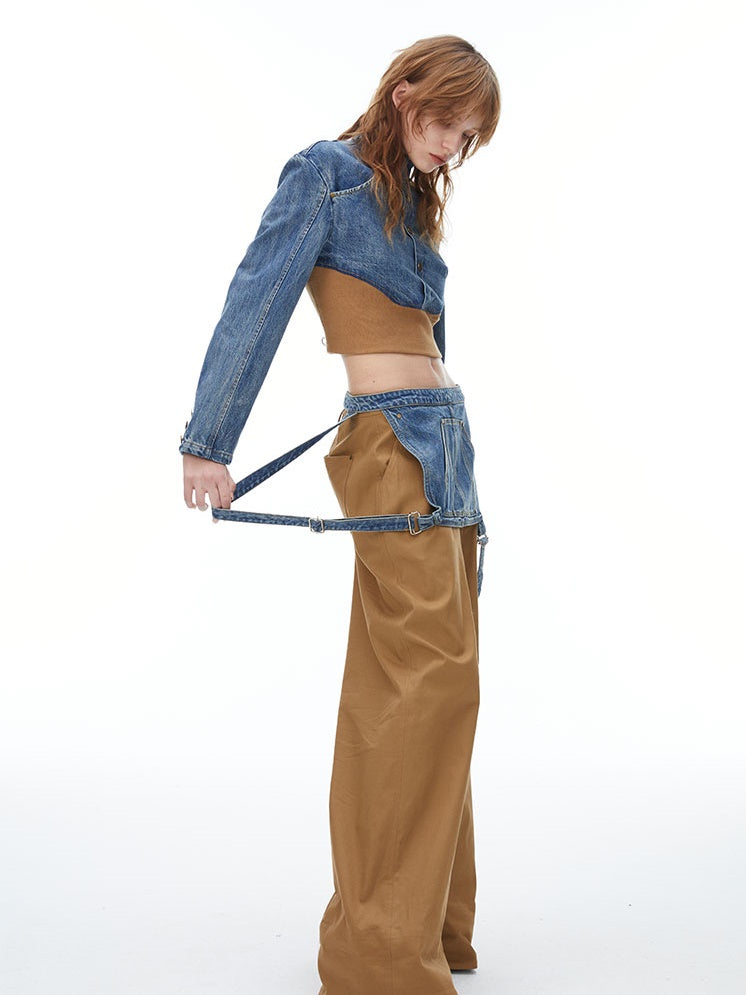 Denim Suspenders Wide-Leg Pants