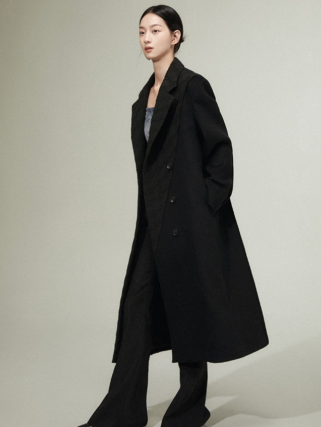 Geometric Texture Stitching Double-breasted Long Woolen Coat