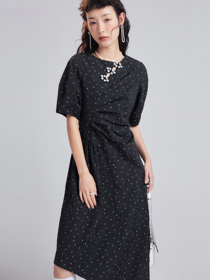 Bead Flower Jacquard Polka Dot Irregular Dress