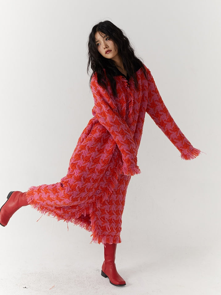 Houndstooth Wool Long Coat