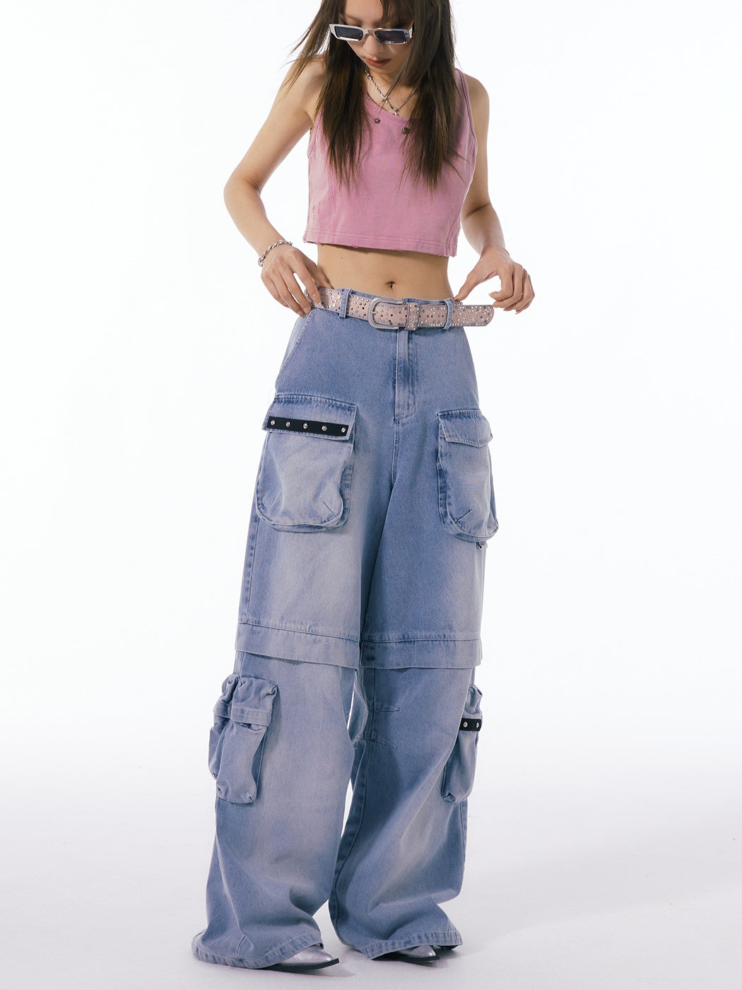 Multi-Pocket Washed Strait Wide-Leg Pants