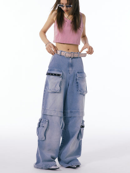 Multi-pocket Washed Straight Wide-leg Pants