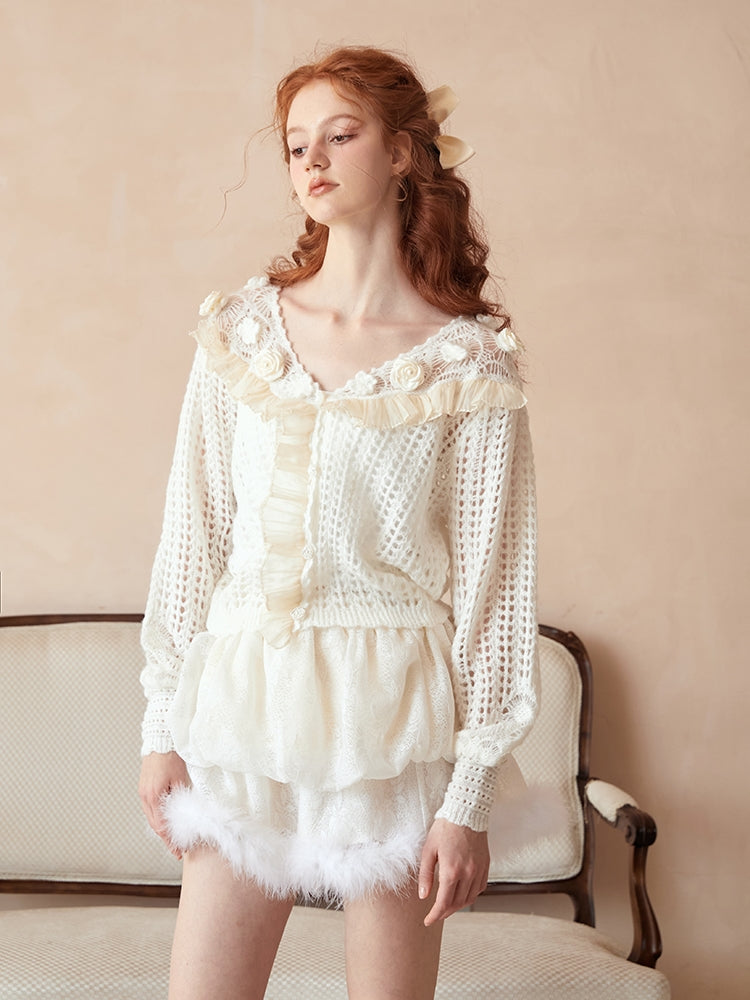 Sweet Low-gauge Rose Knit Cardigan