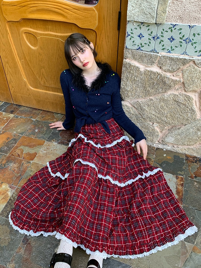 Plaid Niche Lace Long Skirt