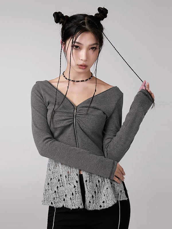 V-neck Zipper Knitted Cardigan