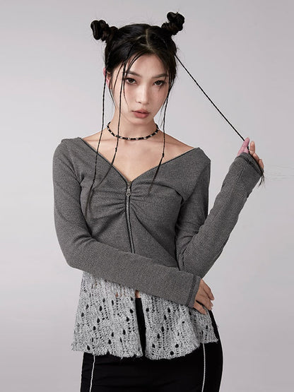 V-NECK ZIPPER KNITTED CARDIGAN