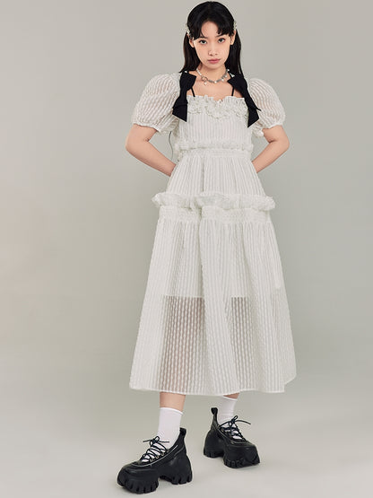 Puff Sleeve Bow Mesh Long Dress