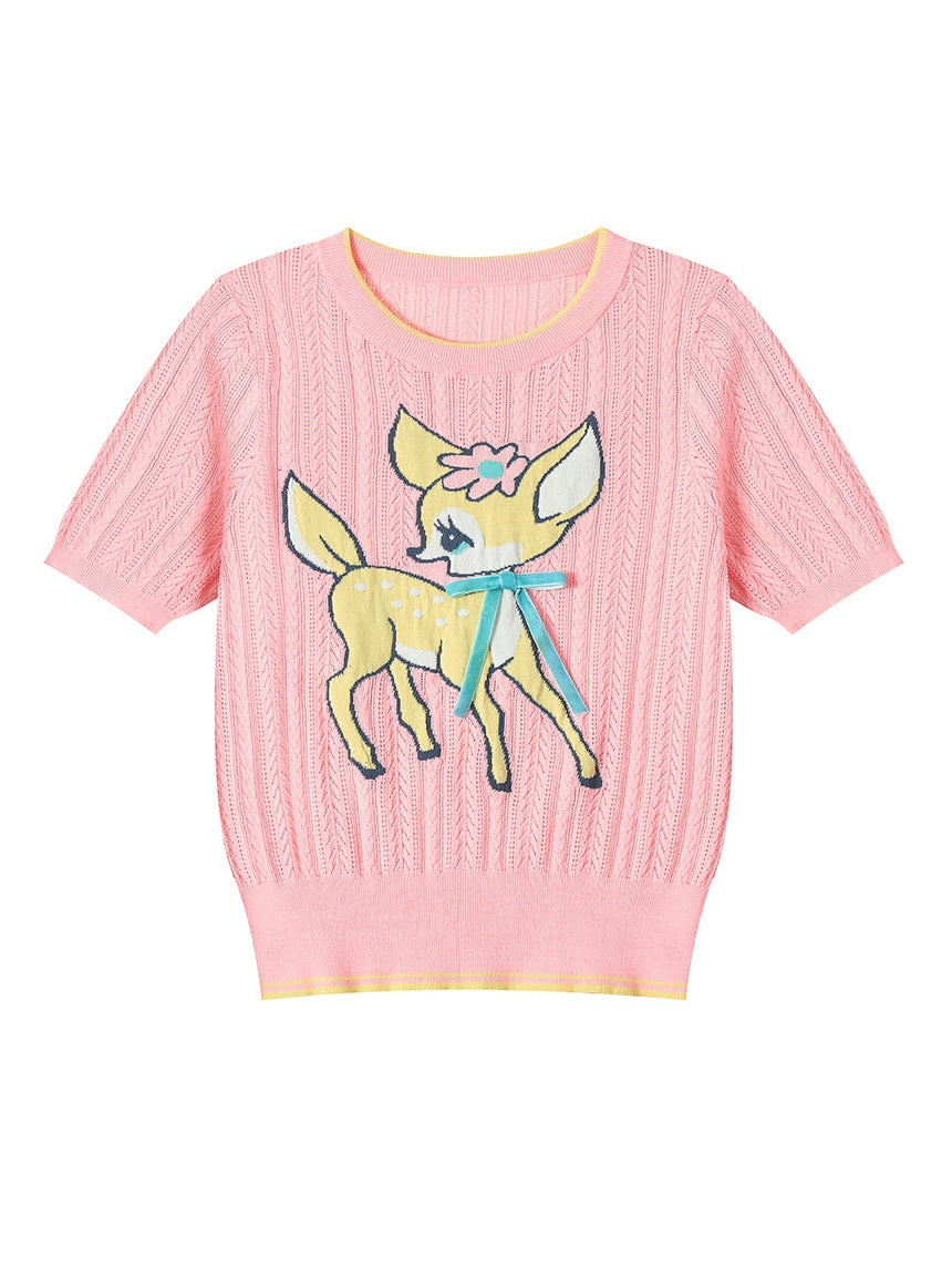 Cartoon Fawn Hollow Round Neck Knit