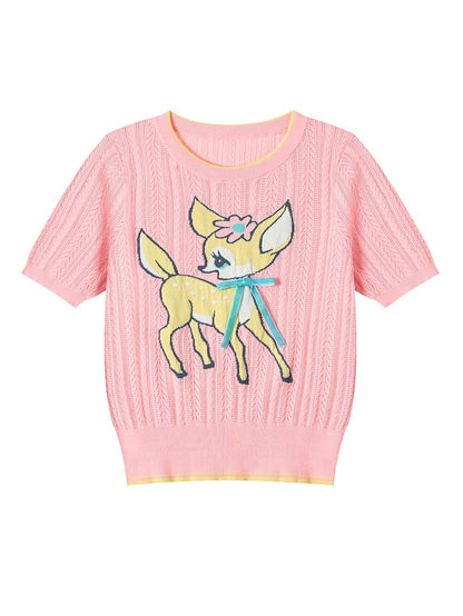 Cartoon Fawn Hollow Round Neck Knit