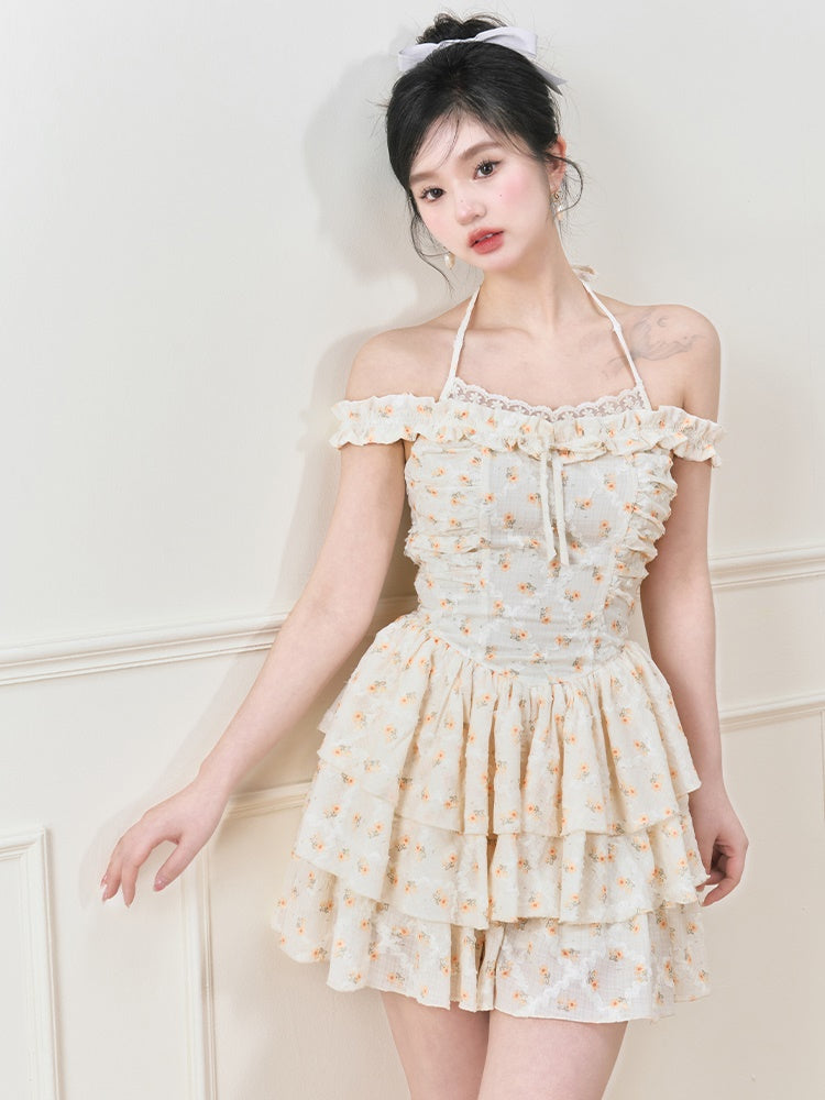 Floral Lace Shoulder Fluffy Cake Dress