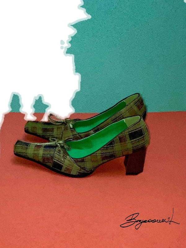 Plaid Retro Tweed Chunky Heel Pumps