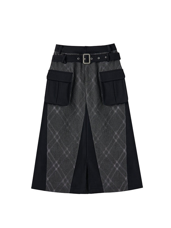 Double Waist Plaid Denim Stitching Skirt