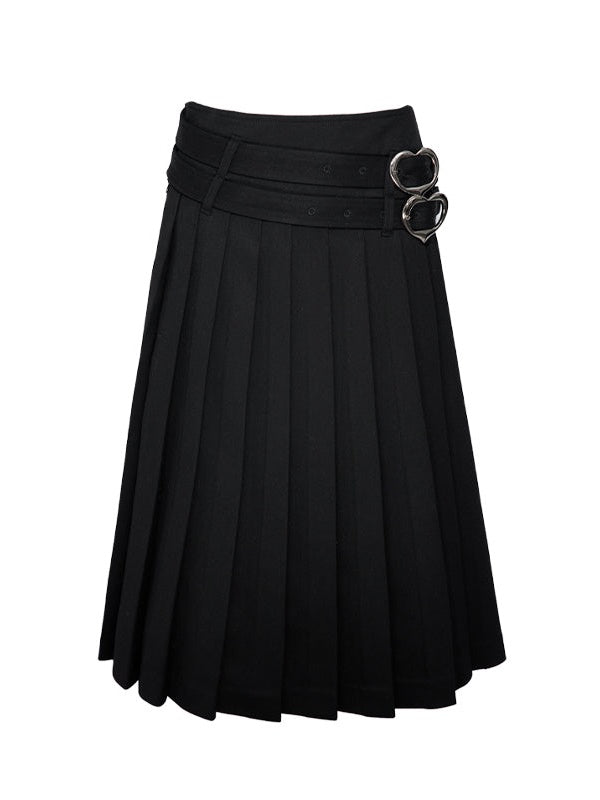 DOUBLE BELT PLEATED LONG SKIRT