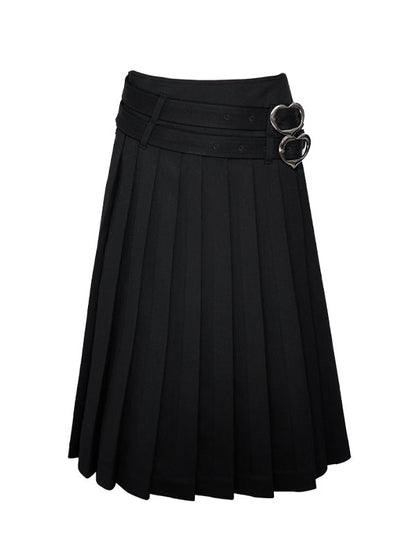 Double Belt Pleated Long Skirt