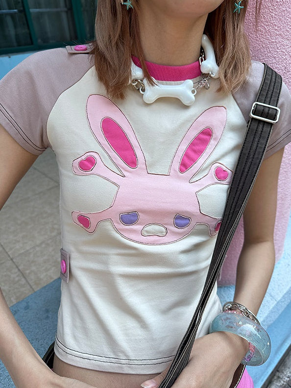 Skull Rabbit Stitching Raglan Sleeve T-Shirt