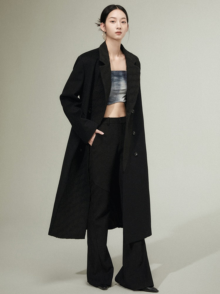 Geometric Texture Stitching Double-breasted Long Woolen Coat