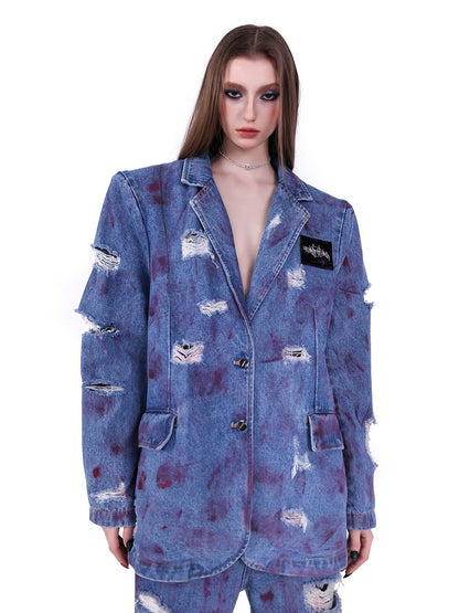 IRREGULAR SUPER HOLE SHOULDER PADS DENIM JACKET