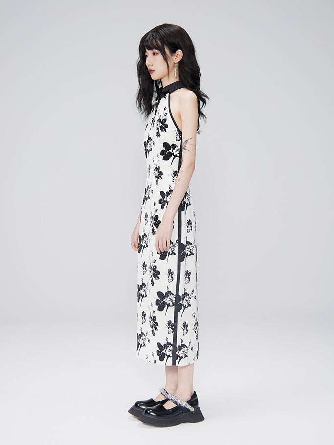 Chinese-style Printed Sleeveless Dress &amp; Cardigan Shirt