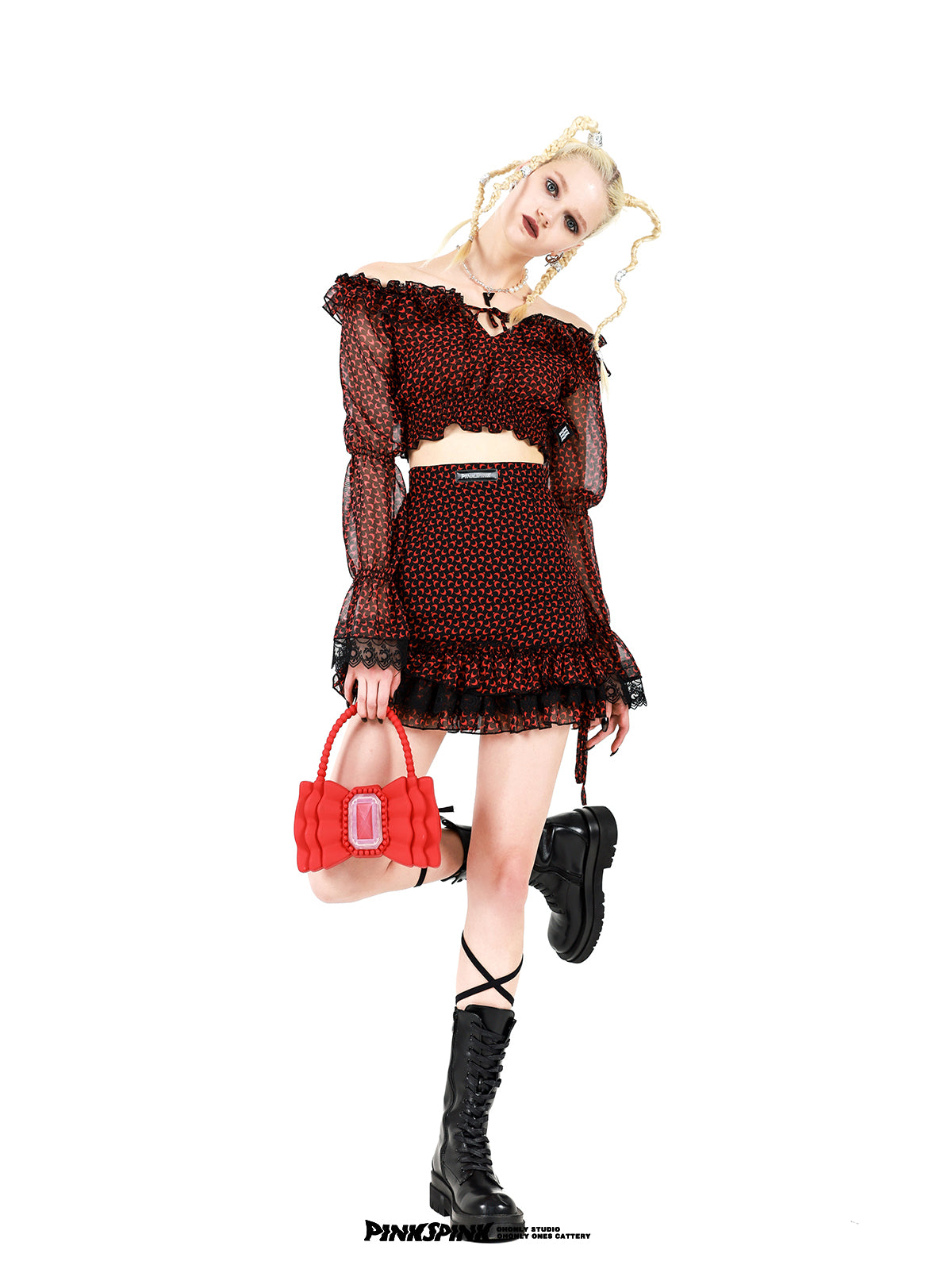 Cropped Sheer Moon Frill Blouse Skirt Set-UP