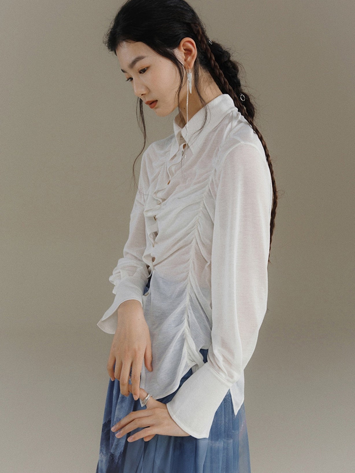 Smocked Design Long-sleeved Shirt