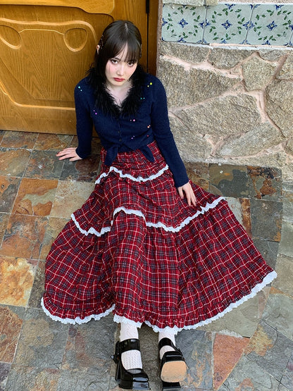 Plaid Niche Lace Long Skirt