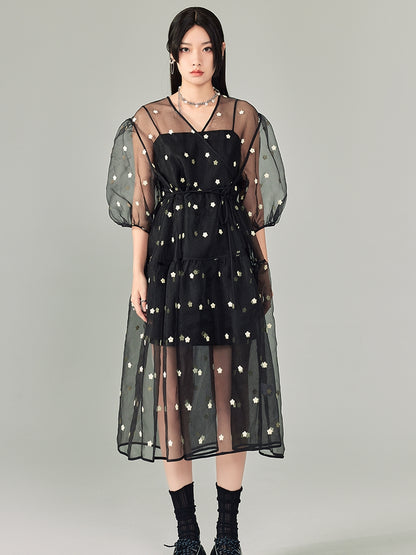 V-Ausschnitt Polka Dot Blumengitterkleid