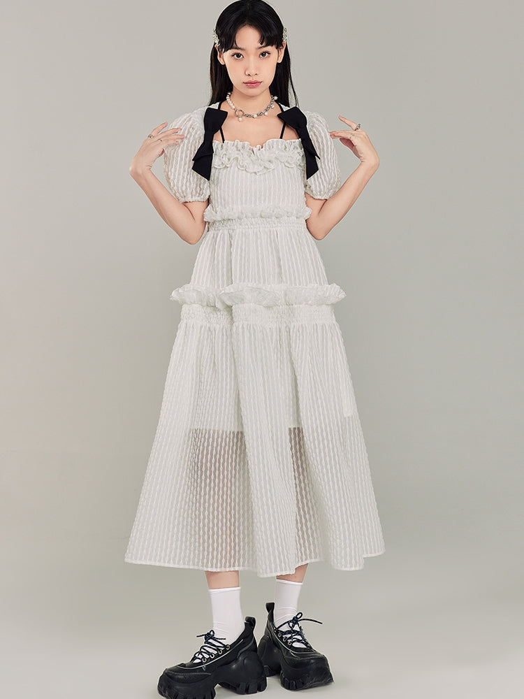 Puff Sleeve Bow Mesh Long Dress