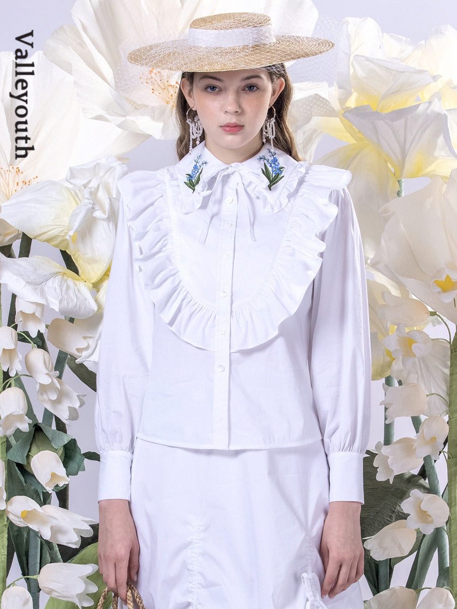 Embroidery Flower Big-Collar Frill Girly Shirt
