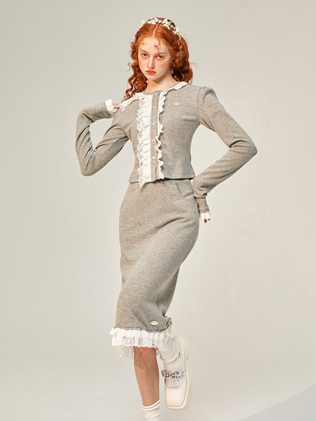 Frill Lace Classy Retro Mature Cardigan&amp;skirt