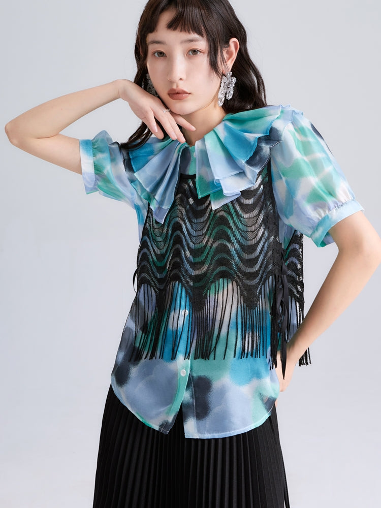 Translucent Printed Double-Layer Collar Shirt