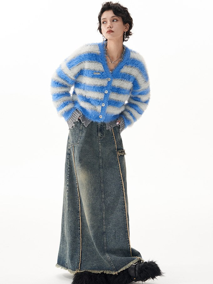 Stripe Imitation Mink V-Neck Cardigan