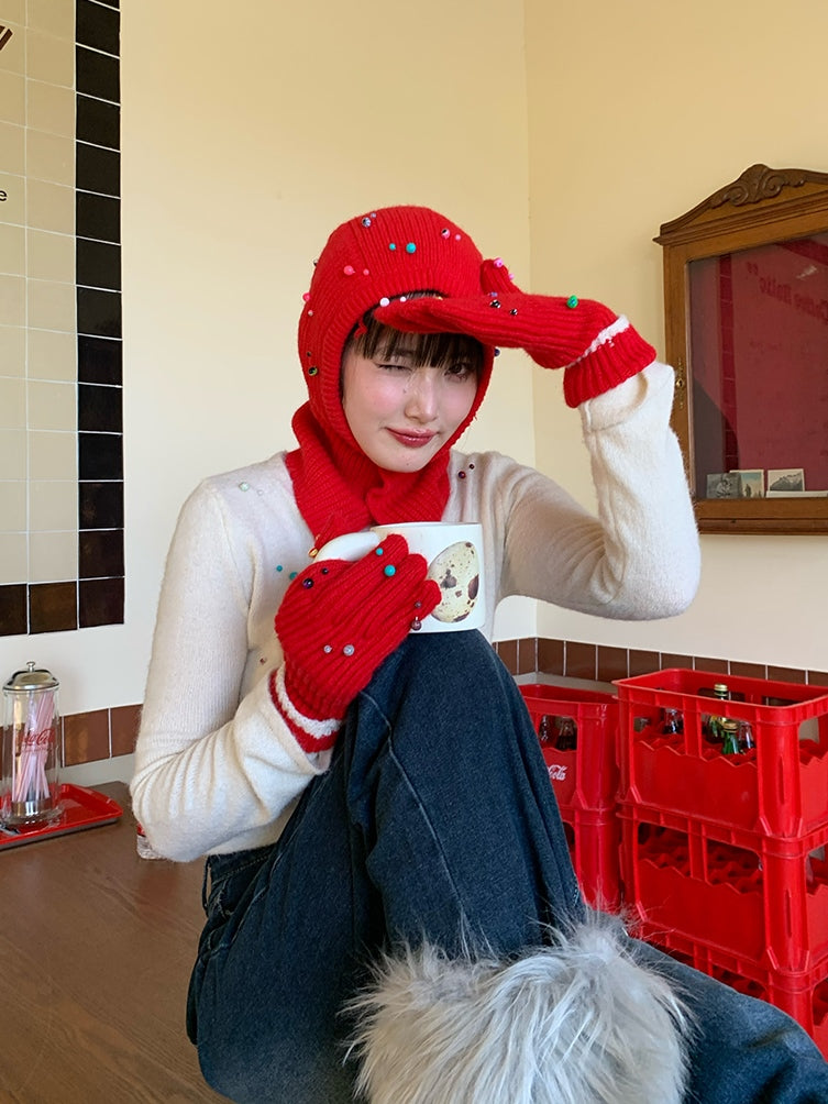 Colorful Beads Knitted Hat &amp; Gloves