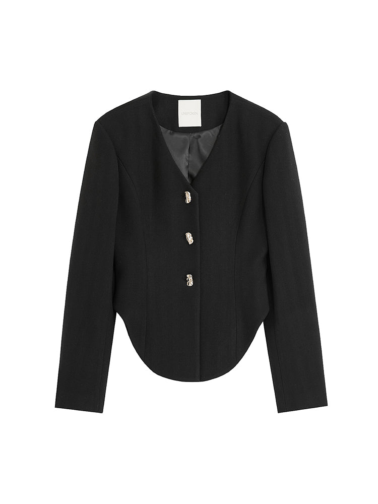 Mature Round-cut V-neck No-Collar Jacket