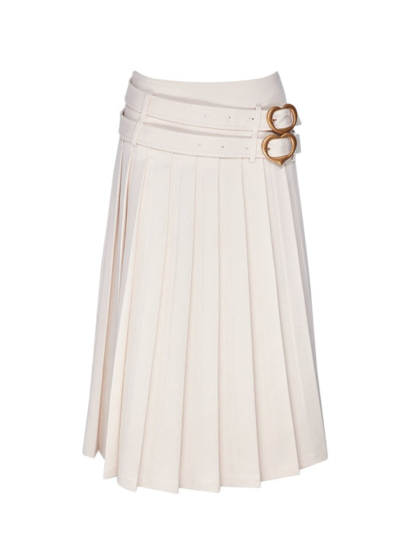 Double Belt Pleated Long Skirt