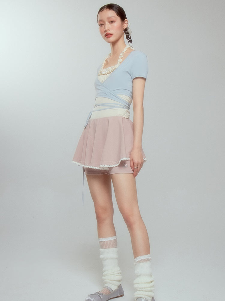 Halter-Neck Frill Camisole &amp; Strap Short 카디건 설정