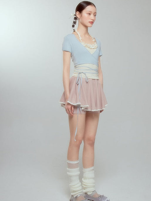 Halter-Neck Frill Camisole &amp; Strap Short 카디건 설정