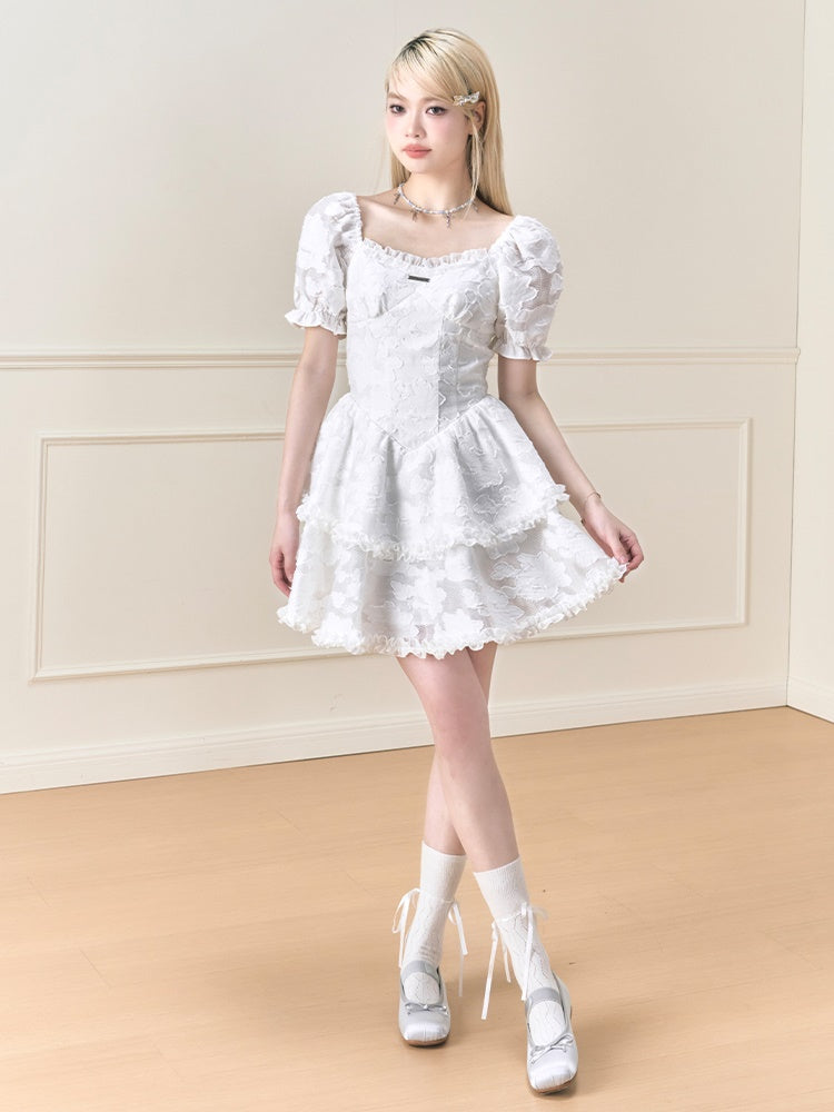 Französischer Puffärmel Jacquard Fluffy Kleid