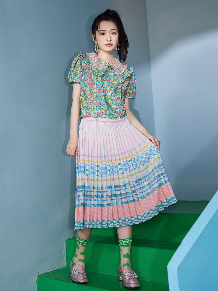 Macaron Check Striped Pattern Pleated Skirt