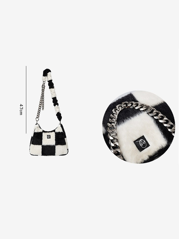 Checkerboard Plaid Chain Shoulder Fur Bag