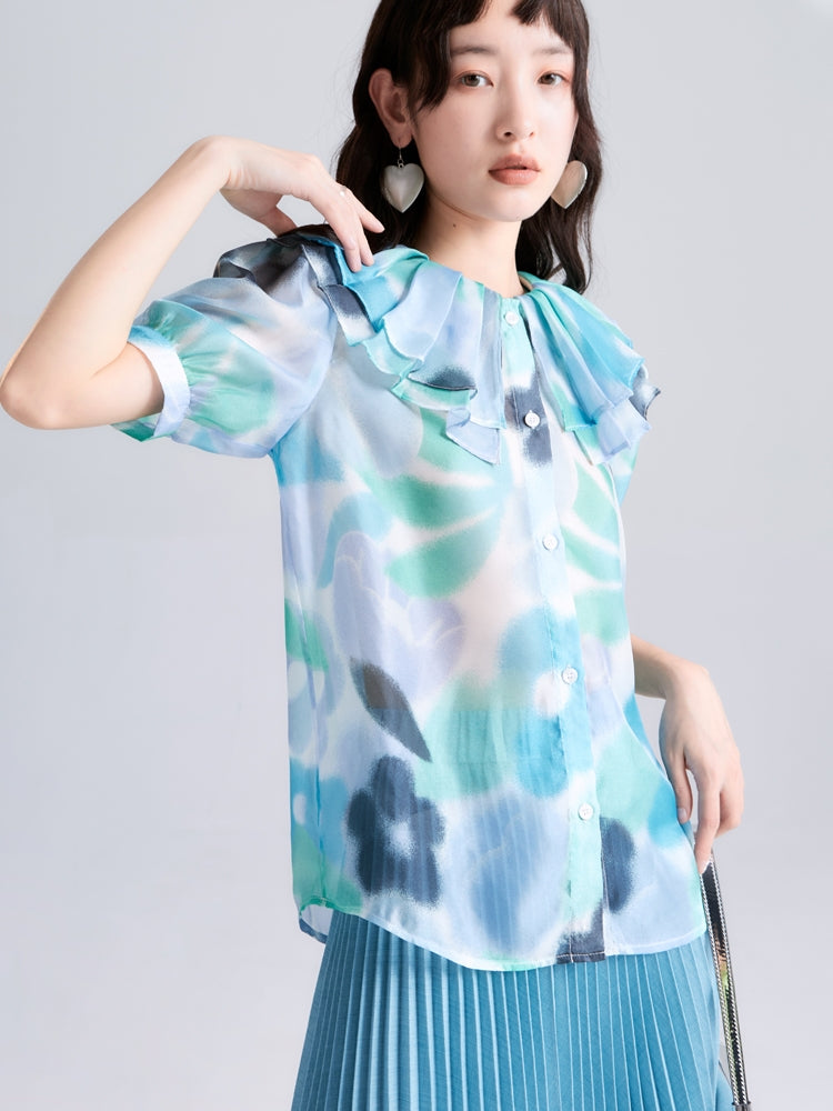 Translucent Printed Double-layer Collar Shirt