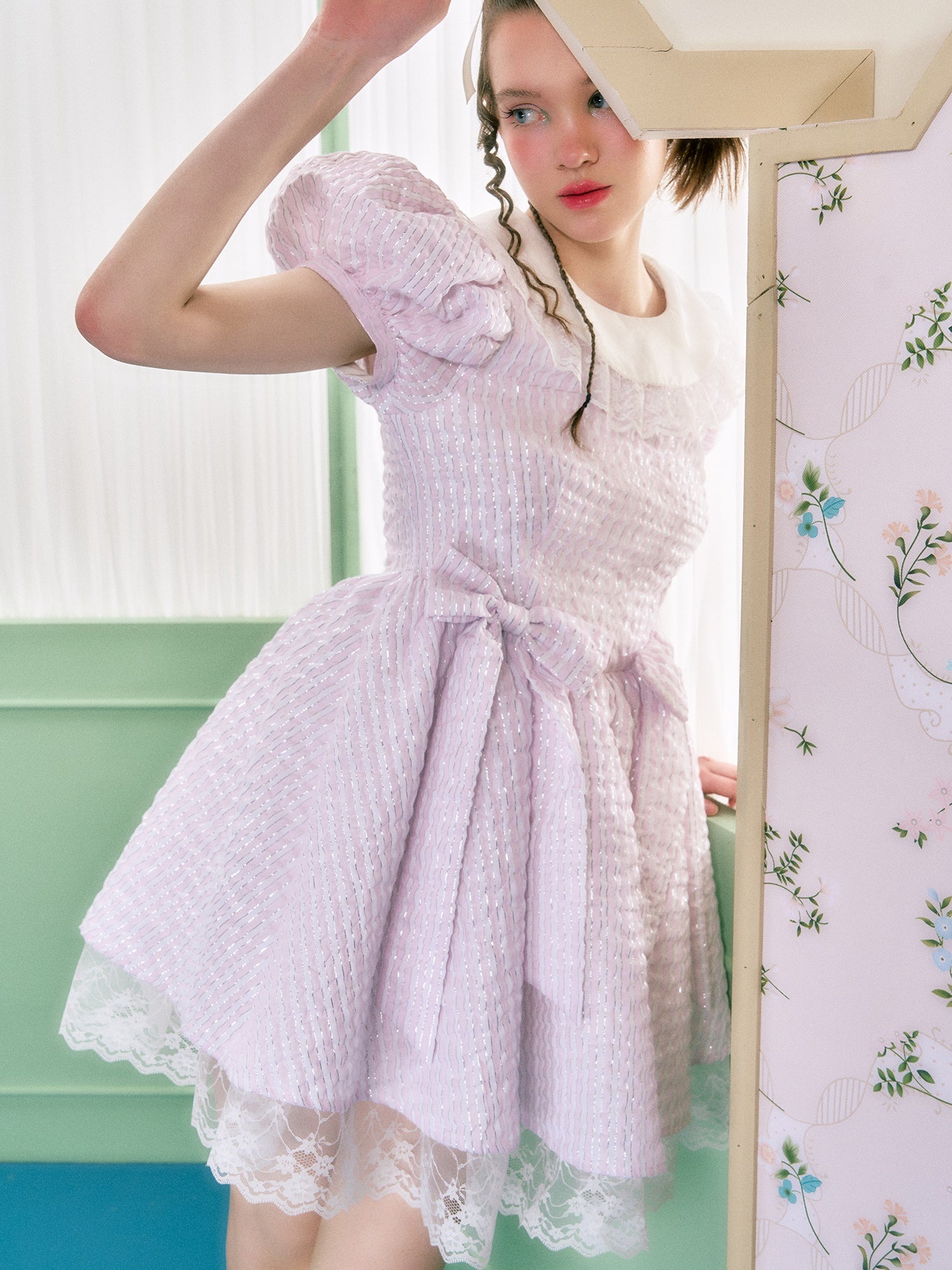 Stripe Bow Puff Sleeve Lace Doll Dress